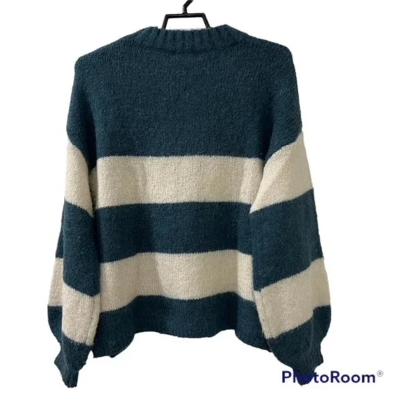 Lovers+Friends Womens Green White Striped Wool Blend Knit Sweater Glitters Sz SM - Picture 2 of 9